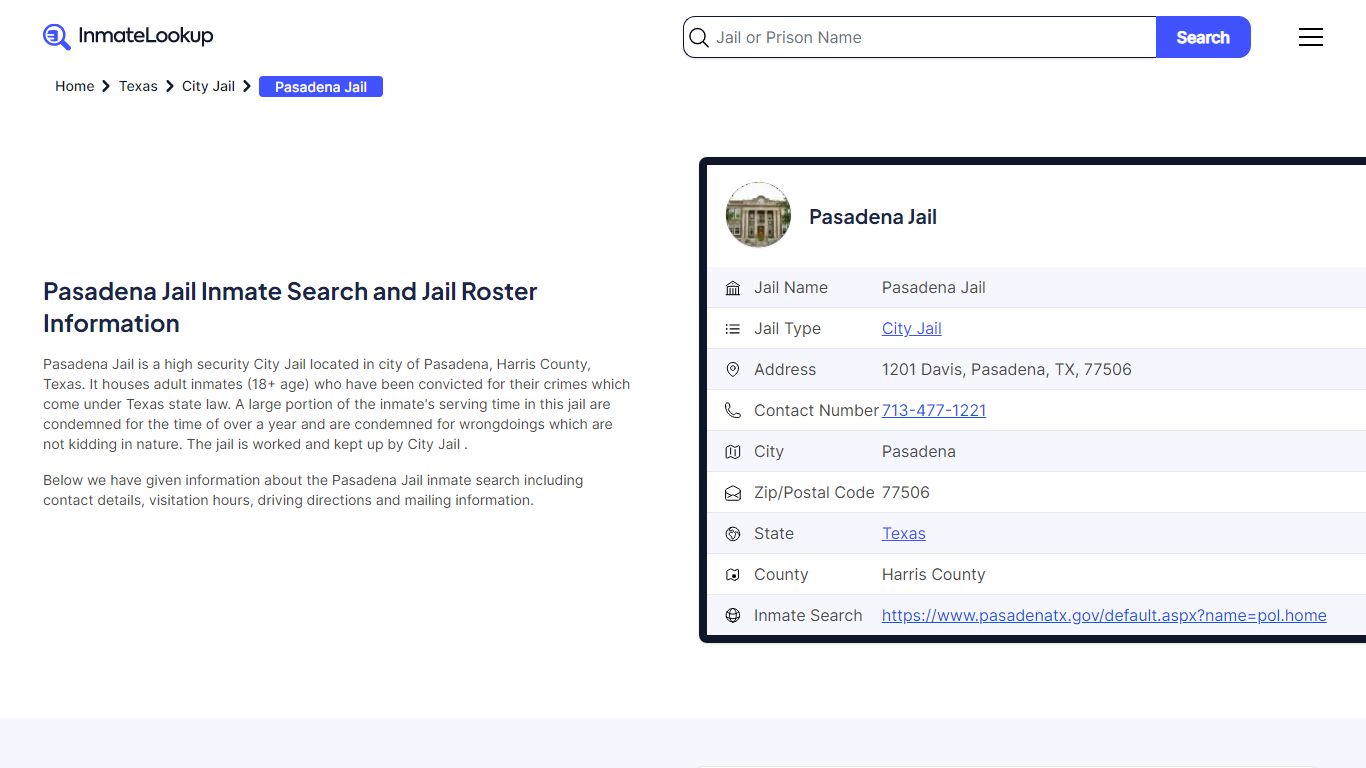 Pasadena Jail Inmate Search and Jail Roster Information